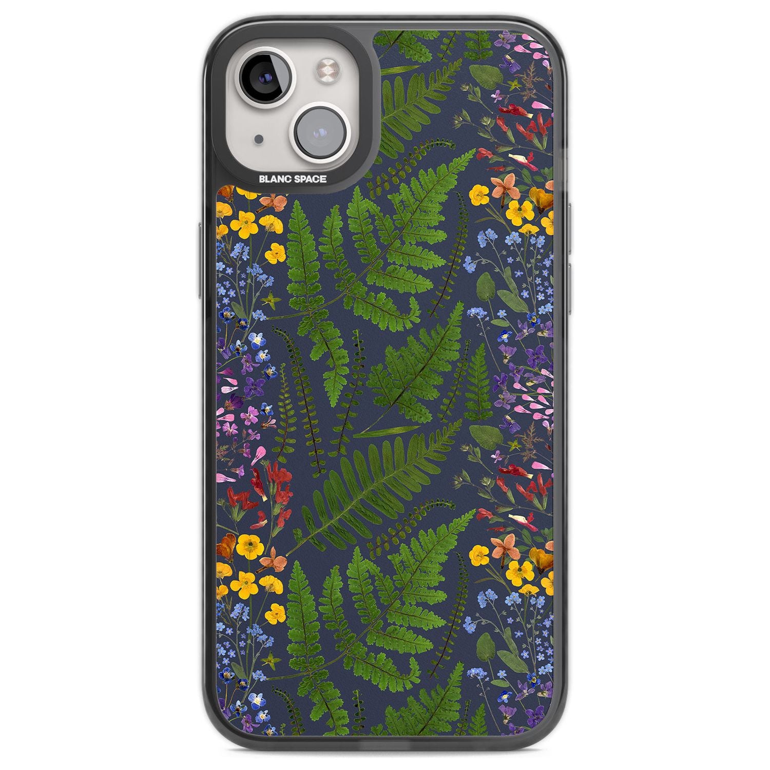 Busy Floral and Fern Design - Navy Phone Case iPhone 14 Plus / Black Impact Case Blanc Space