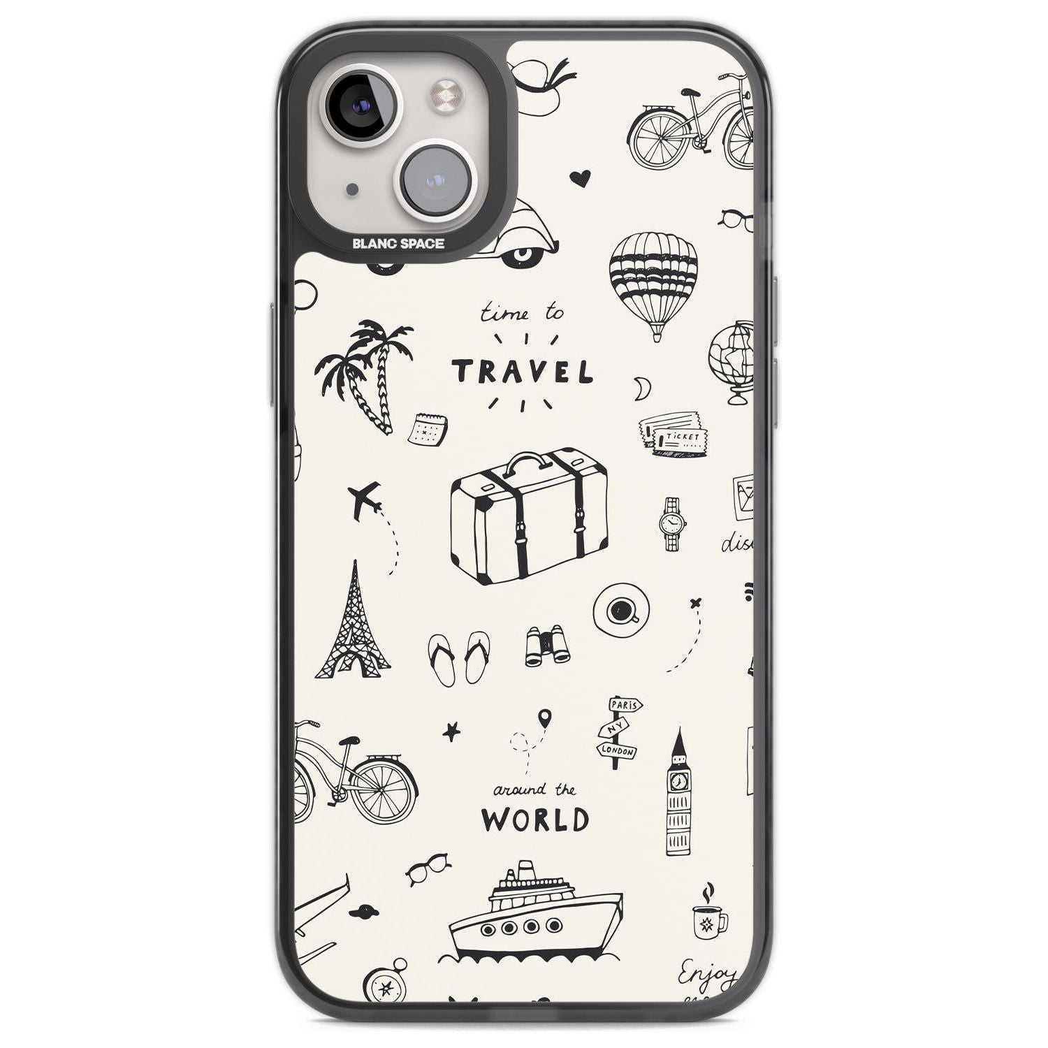 Cute Travel Pattern, White on Phone Case iPhone 14 Plus / Black Impact Case Blanc Space