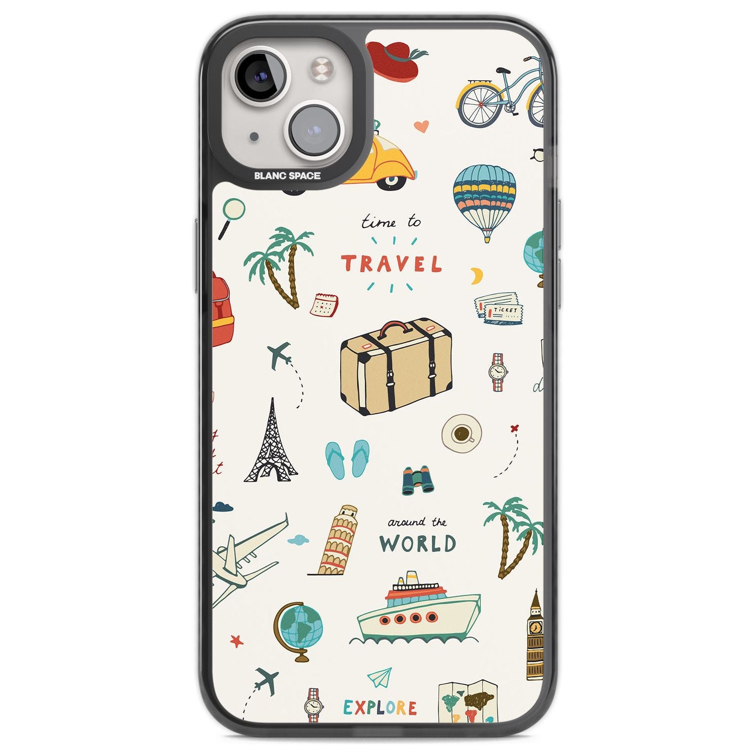Cute Travel Pattern Cream Phone Case iPhone 14 Plus / Black Impact Case Blanc Space