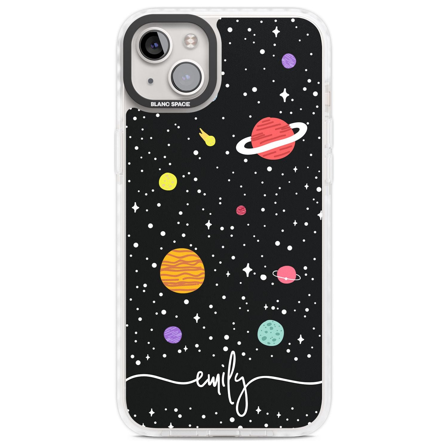 Personalised Cute Cartoon Planets Phone Case iPhone 14 Plus / Impact Case Blanc Space