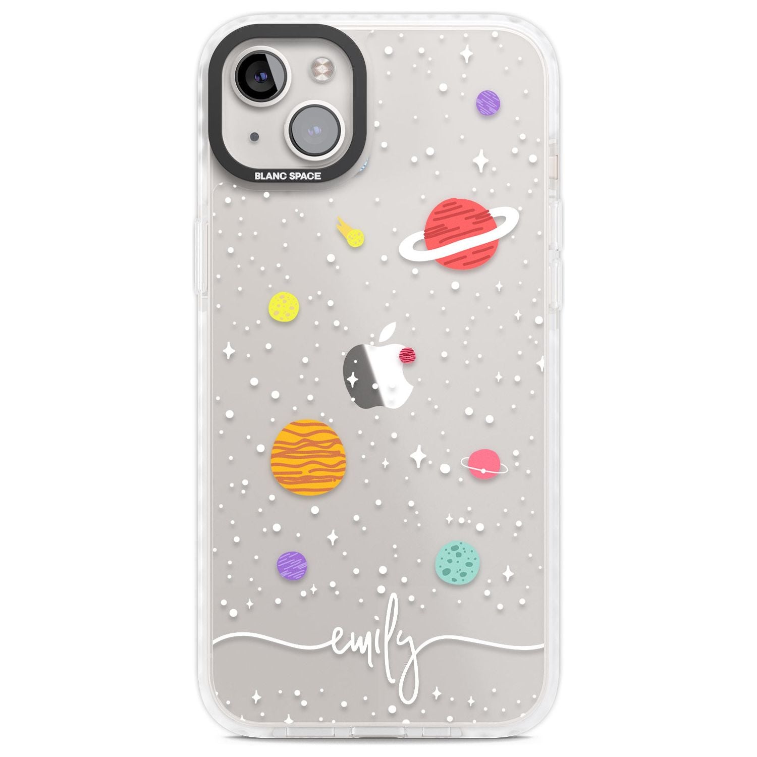 Personalised Cute Cartoon Planets (Clear) Phone Case iPhone 14 Plus / Impact Case Blanc Space