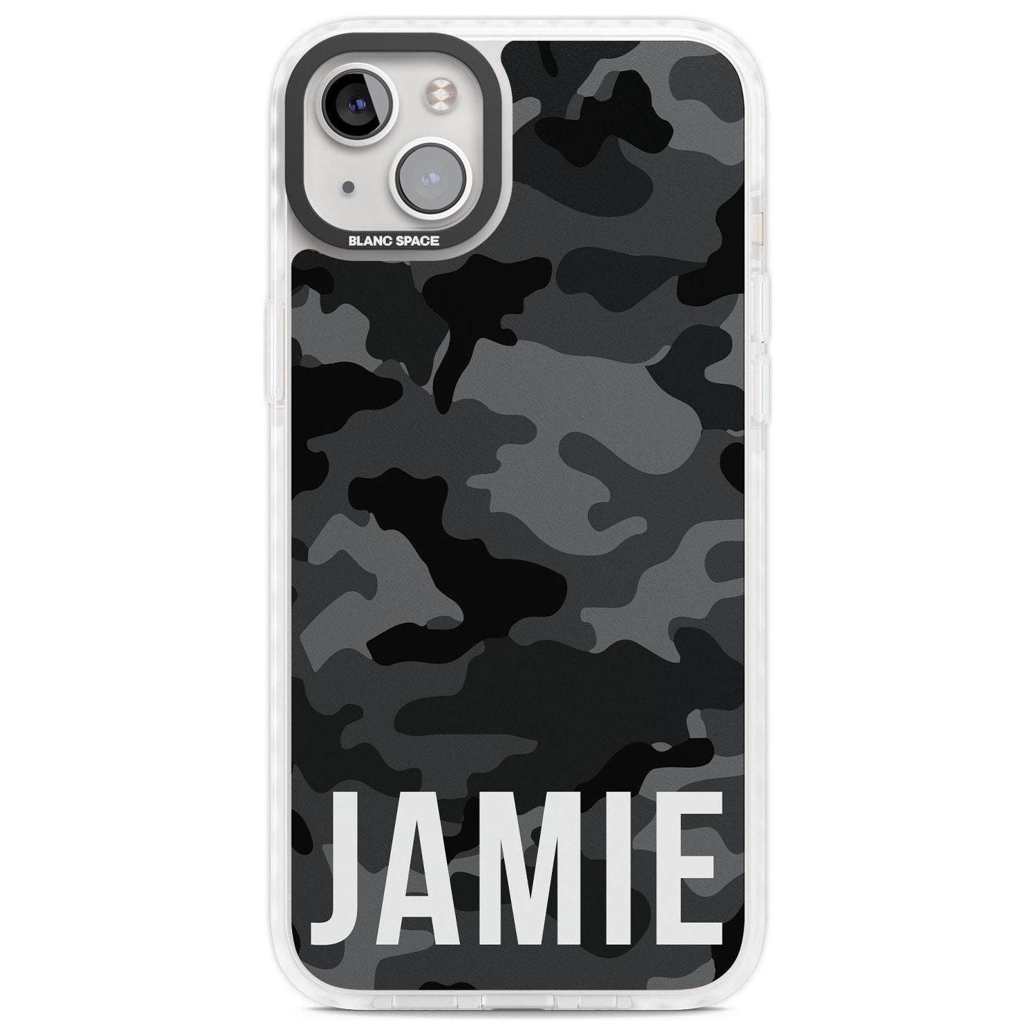 Personalised Horizontal Name Black Camouflage Custom Phone Case iPhone 14 Plus / Impact Case Blanc Space