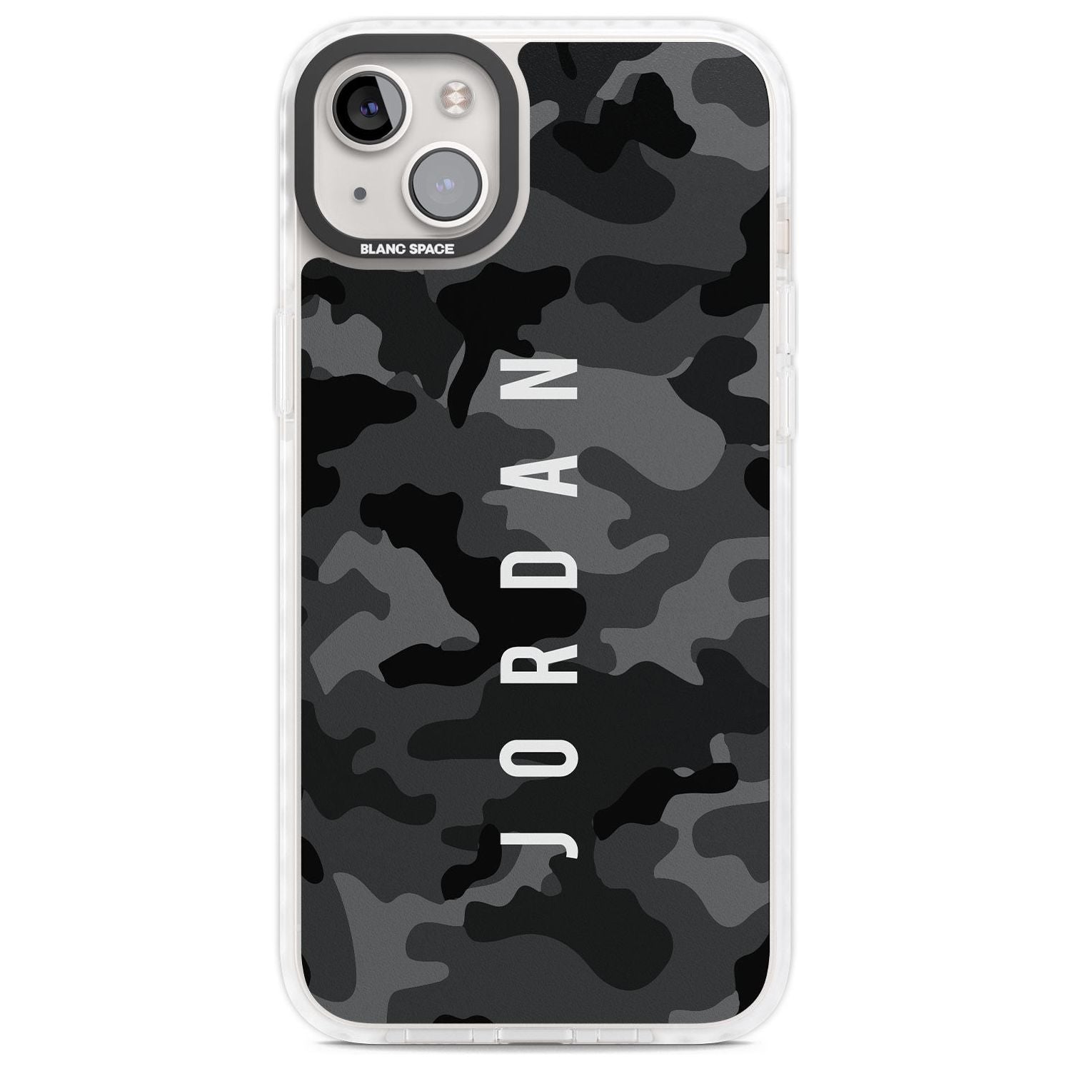 Personalised Small Vertical Name Black Camouflage Custom Phone Case iPhone 14 Plus / Impact Case Blanc Space