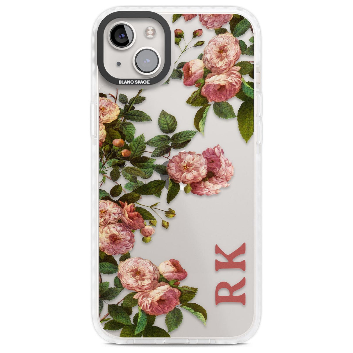 Personalised Clear Vintage Floral Pink Garden Roses Custom Phone Case iPhone 14 Plus / Impact Case Blanc Space