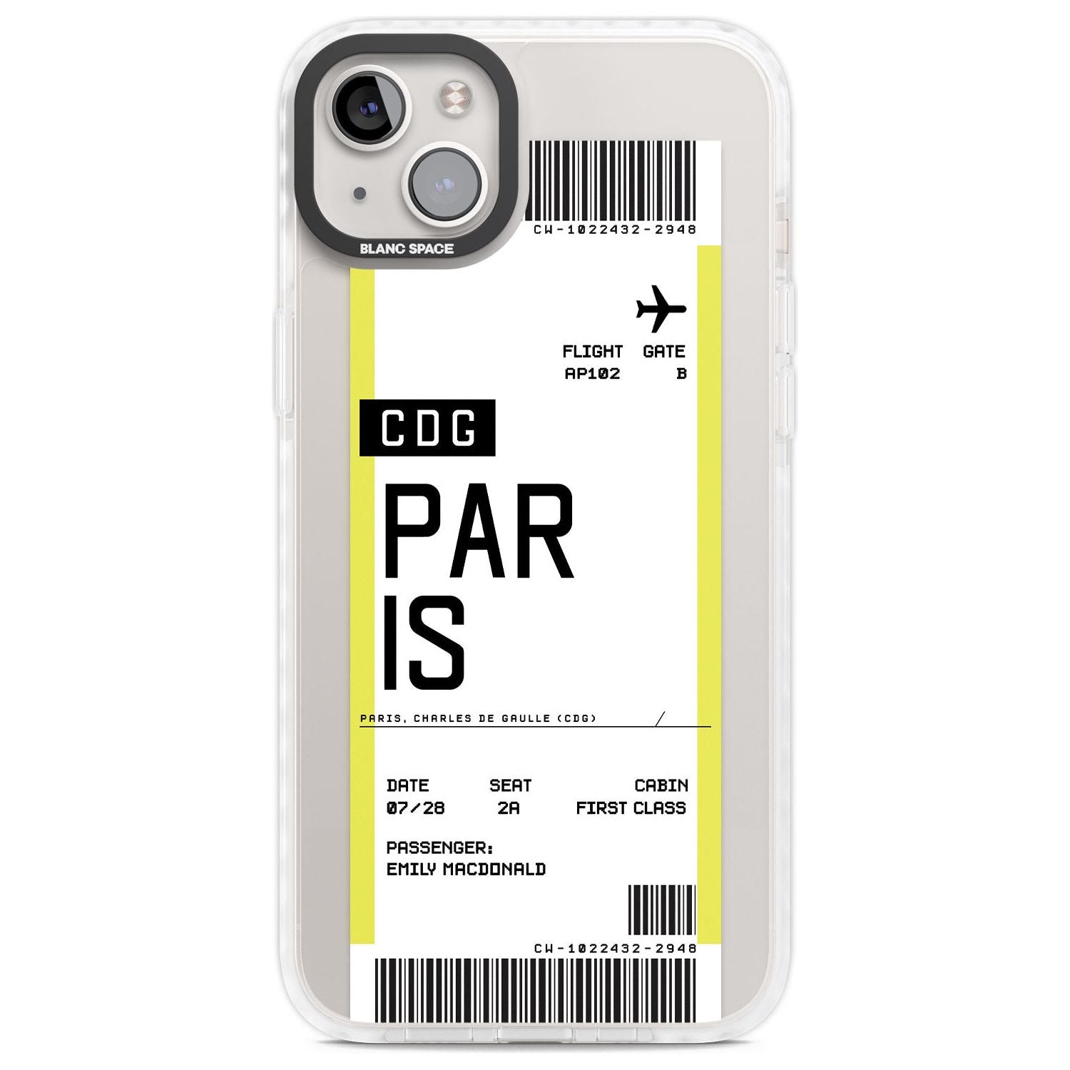 Personalised Paris Boarding Pass Custom Phone Case iPhone 14 Plus / Impact Case Blanc Space