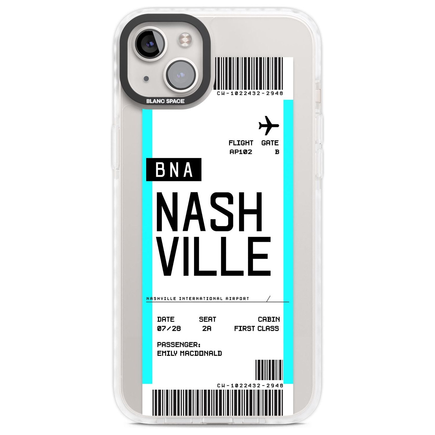 Personalised Nashville Boarding Pass Custom Phone Case iPhone 14 Plus / Impact Case Blanc Space