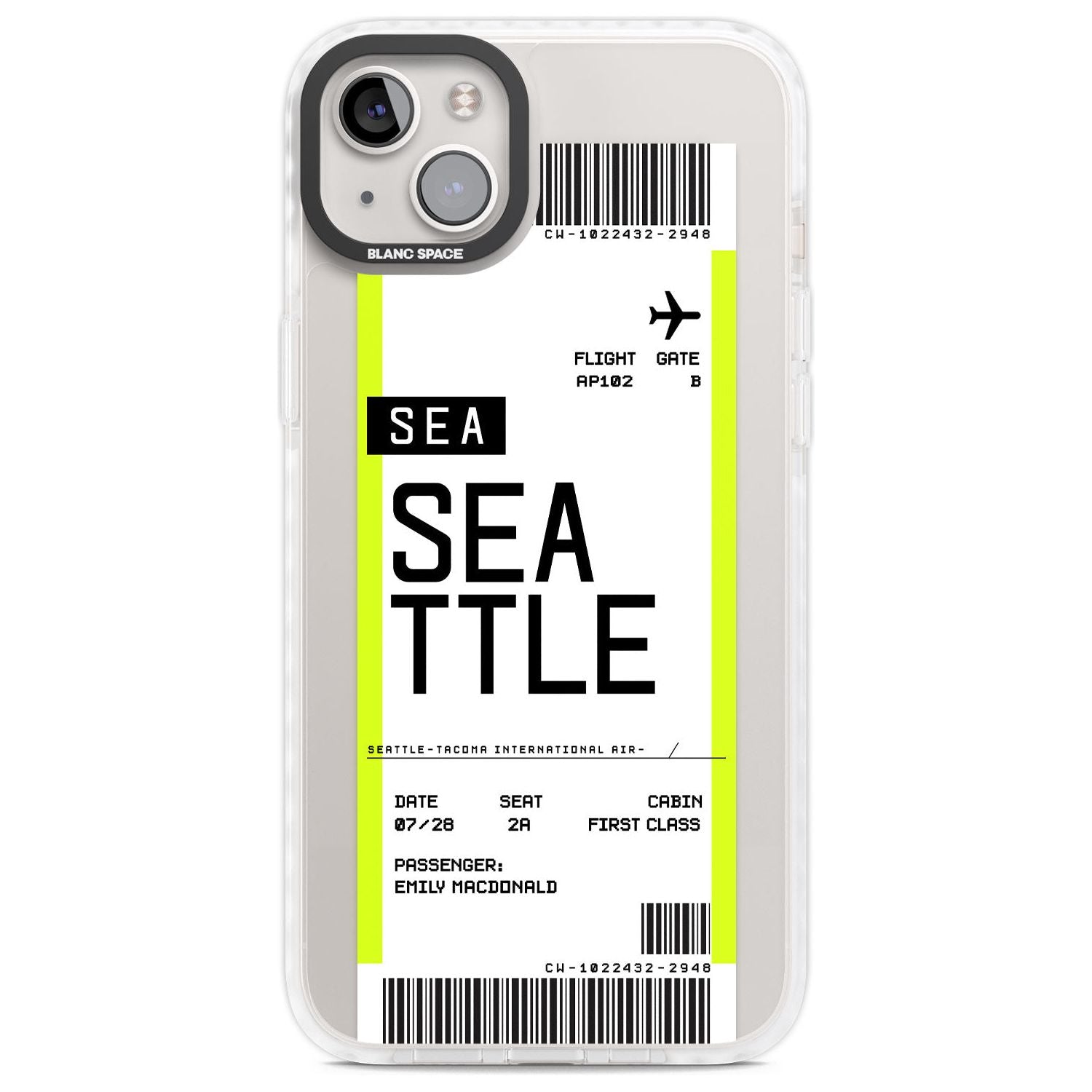 Personalised Seattle Boarding Pass Custom Phone Case iPhone 14 Plus / Impact Case Blanc Space