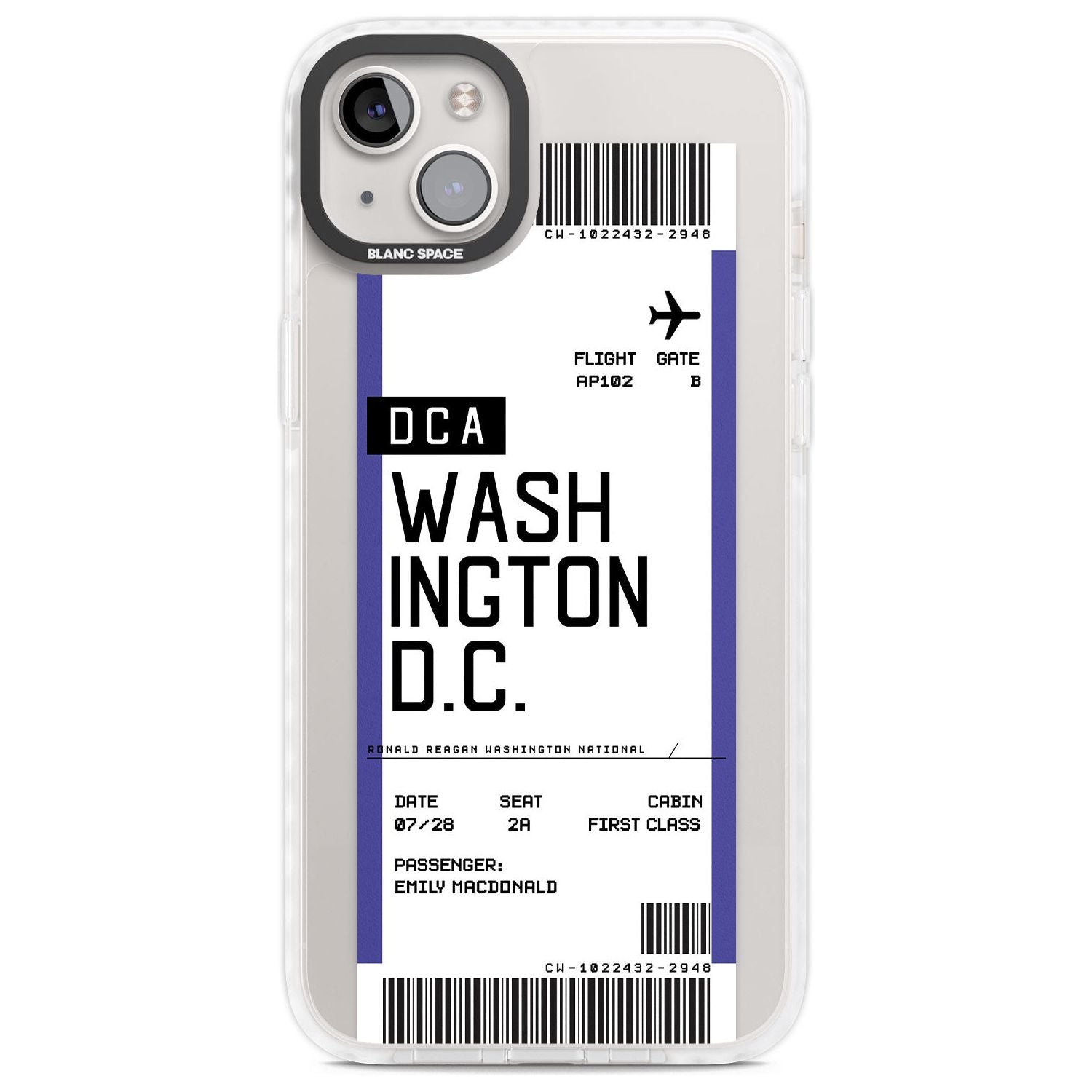 Personalised Washington D.C. Boarding Pass Custom Phone Case iPhone 14 Plus / Impact Case Blanc Space