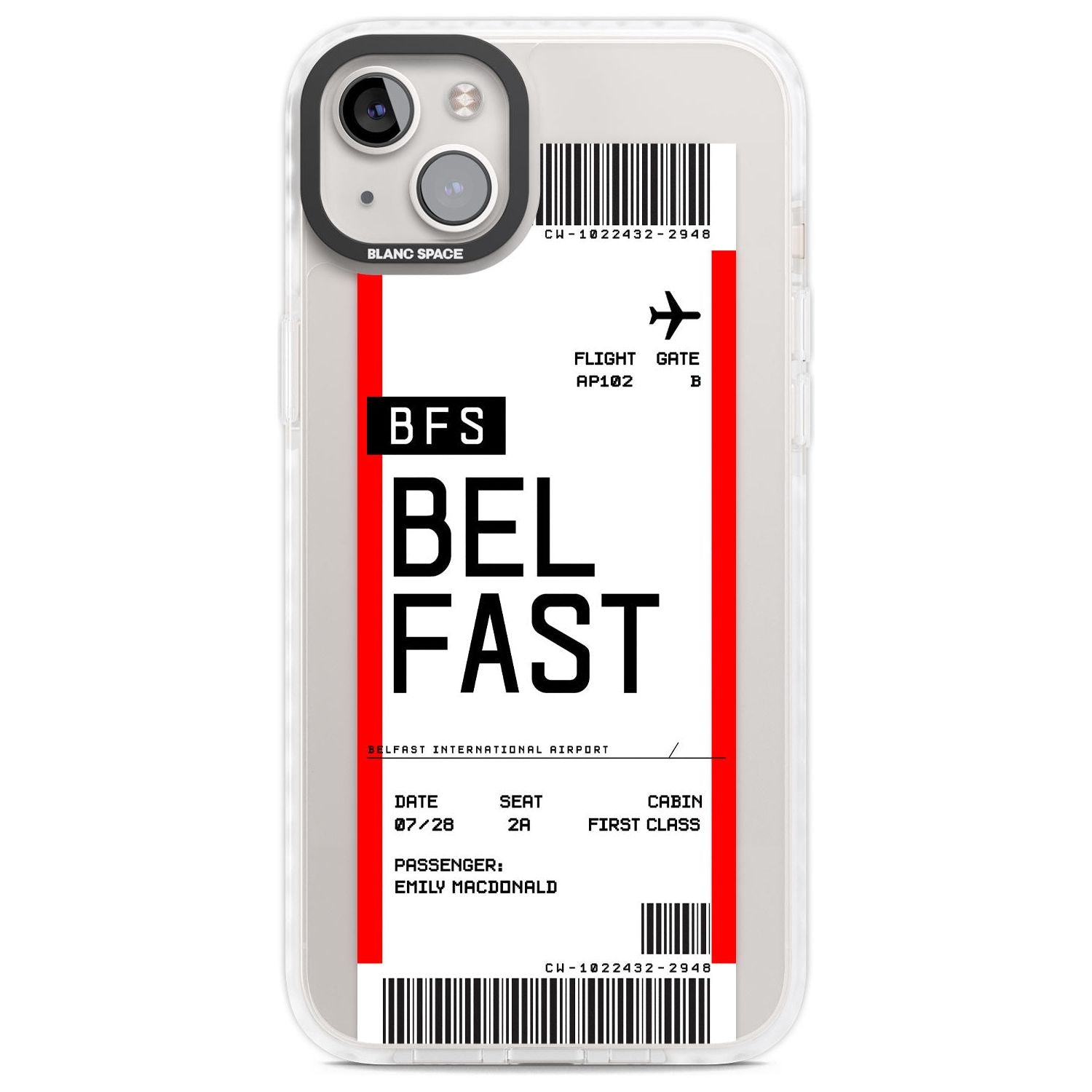 Personalised Belfast Boarding Pass Custom Phone Case iPhone 14 Plus / Impact Case Blanc Space