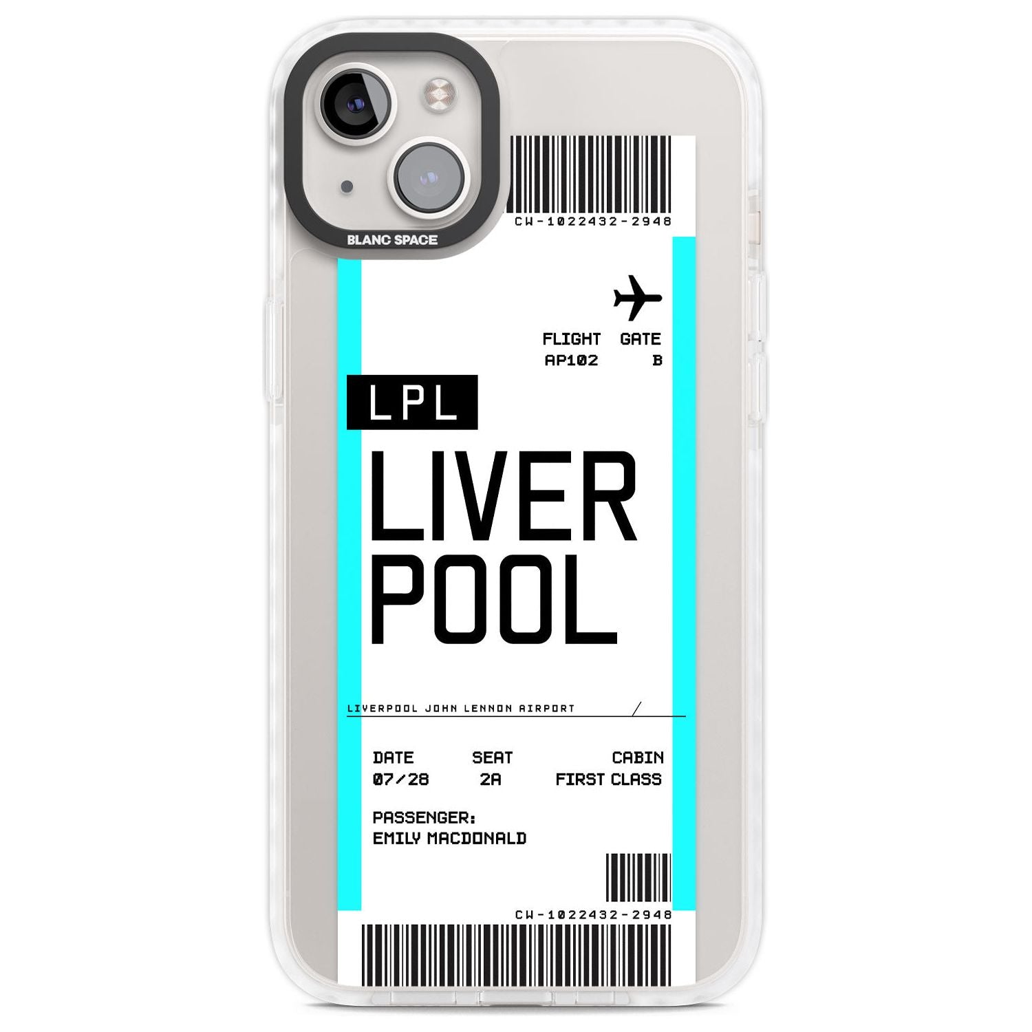 Personalised Liverpool Boarding Pass Custom Phone Case iPhone 14 Plus / Impact Case Blanc Space