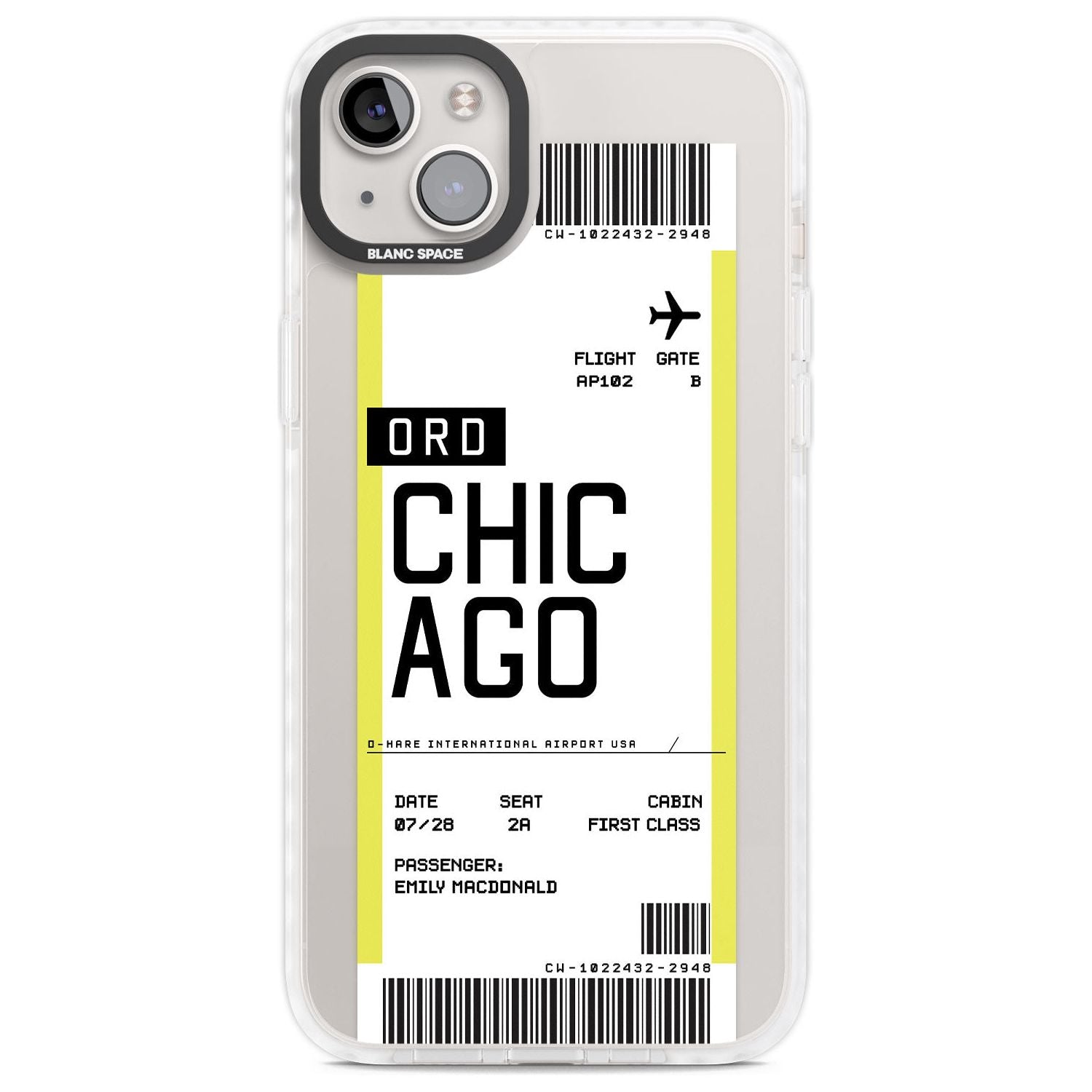 Personalised Chicago Boarding Pass Custom Phone Case iPhone 14 Plus / Impact Case Blanc Space
