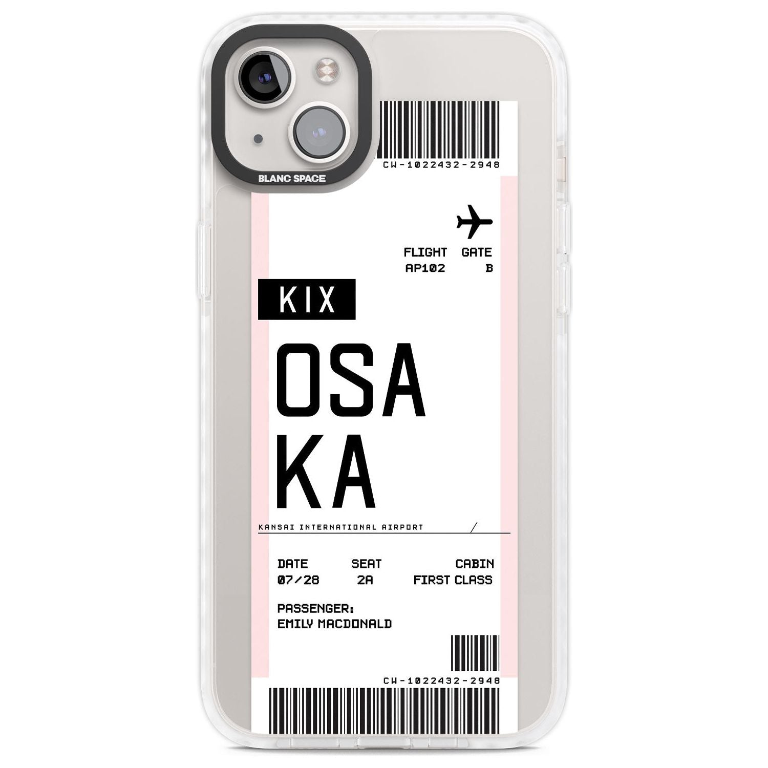 Personalised Osaka Boarding Pass Custom Phone Case iPhone 14 Plus / Impact Case Blanc Space