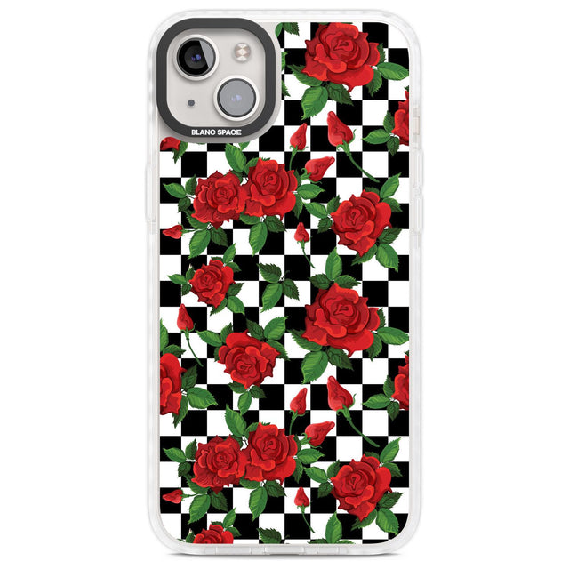 Checkered Pattern & Red Roses Phone Case iPhone 14 Plus / Impact Case Blanc Space