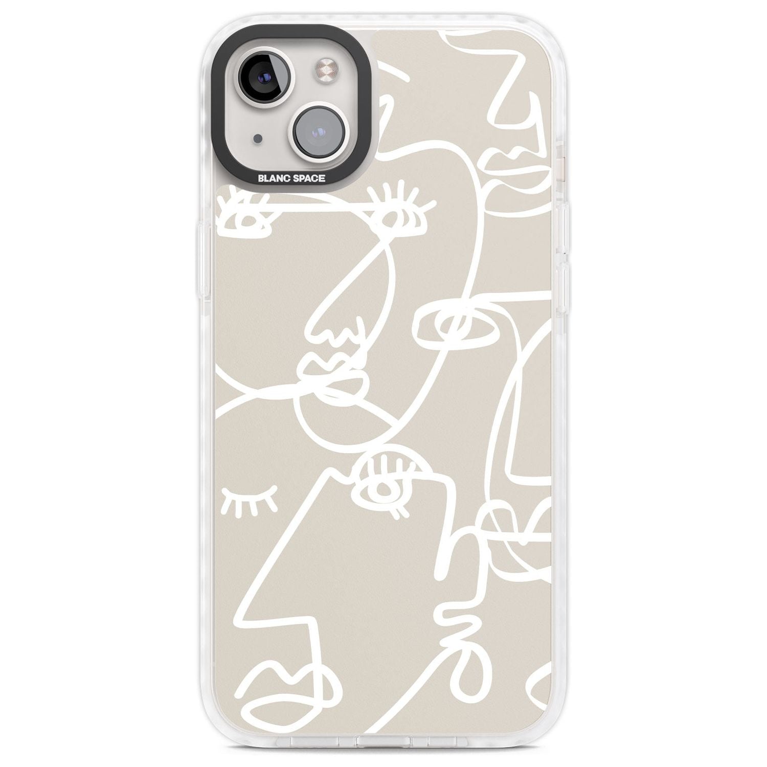 Abstract Continuous Line Faces White on Beige Phone Case iPhone 14 Plus / Impact Case Blanc Space