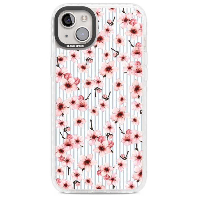 Cherry Blossoms on Blue Stripes Pattern Phone Case iPhone 14 Plus / Impact Case Blanc Space
