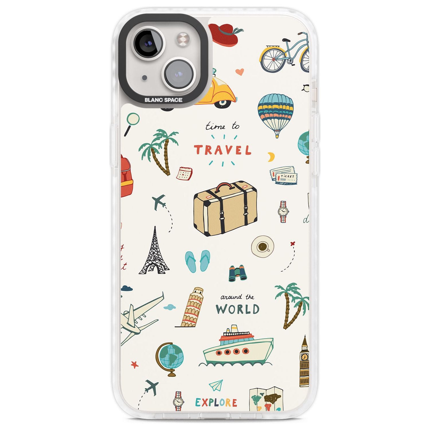 Cute Travel Pattern Cream Phone Case iPhone 14 Plus / Impact Case Blanc Space
