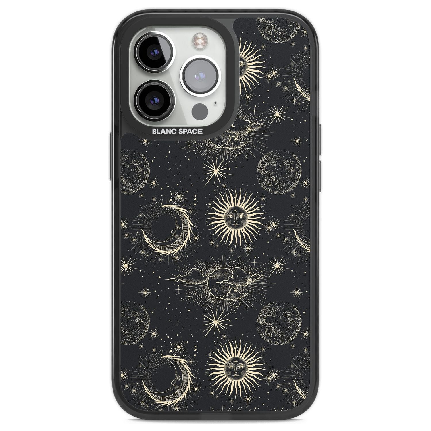 Large Suns, Moons & Clouds Astrological Phone Case iPhone 13 Pro / Black Impact Case,iPhone 14 Pro / Black Impact Case,iPhone 15 Pro Max / Black Impact Case,iPhone 15 Pro / Black Impact Case Blanc Space