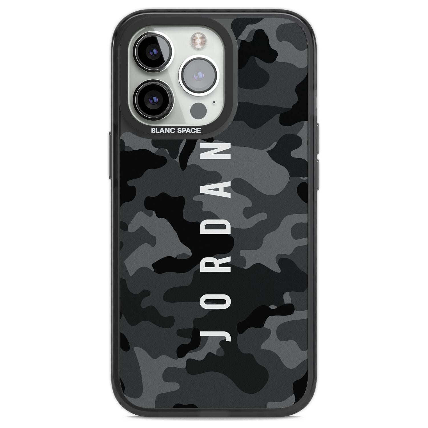 Personalised Small Vertical Name Black Camouflage Custom Phone Case iPhone 13 Pro / Black Impact Case,iPhone 14 Pro / Black Impact Case,iPhone 15 Pro Max / Black Impact Case,iPhone 15 Pro / Black Impact Case Blanc Space