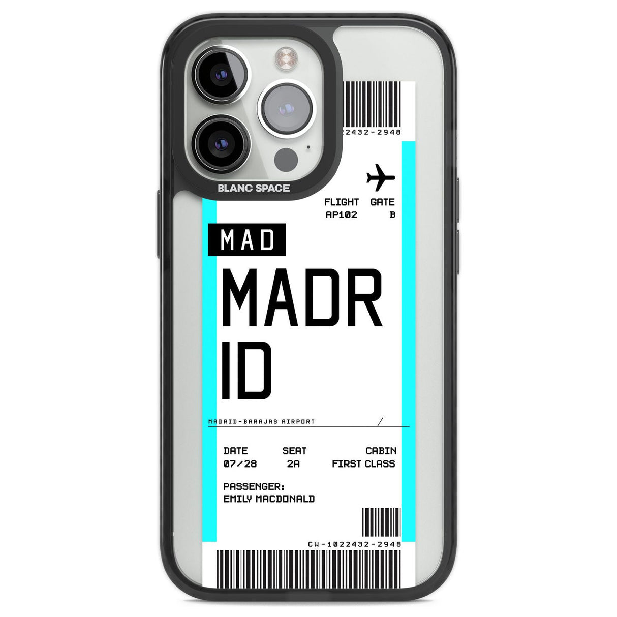 Personalised Madrid Boarding Pass Custom Phone Case iPhone 13 Pro / Black Impact Case,iPhone 14 Pro / Black Impact Case,iPhone 15 Pro Max / Black Impact Case,iPhone 15 Pro / Black Impact Case Blanc Space