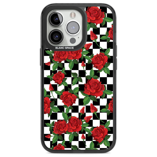 Checkered Pattern & Red Roses Phone Case iPhone 13 Pro / Black Impact Case,iPhone 14 Pro / Black Impact Case,iPhone 15 Pro Max / Black Impact Case,iPhone 15 Pro / Black Impact Case Blanc Space