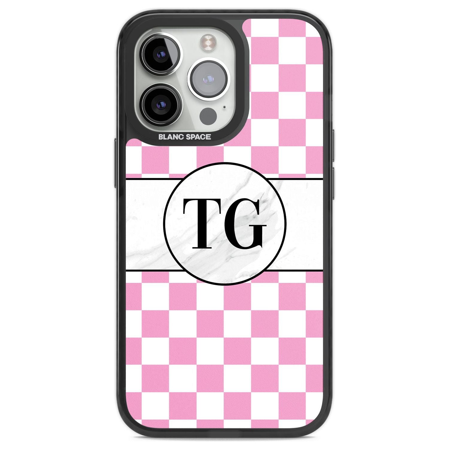 Personalised Monogrammed Pink Check Phone Case iPhone 13 Pro / Black Impact Case,iPhone 14 Pro / Black Impact Case,iPhone 15 Pro / Black Impact Case,iPhone 15 Pro Max / Black Impact Case Blanc Space