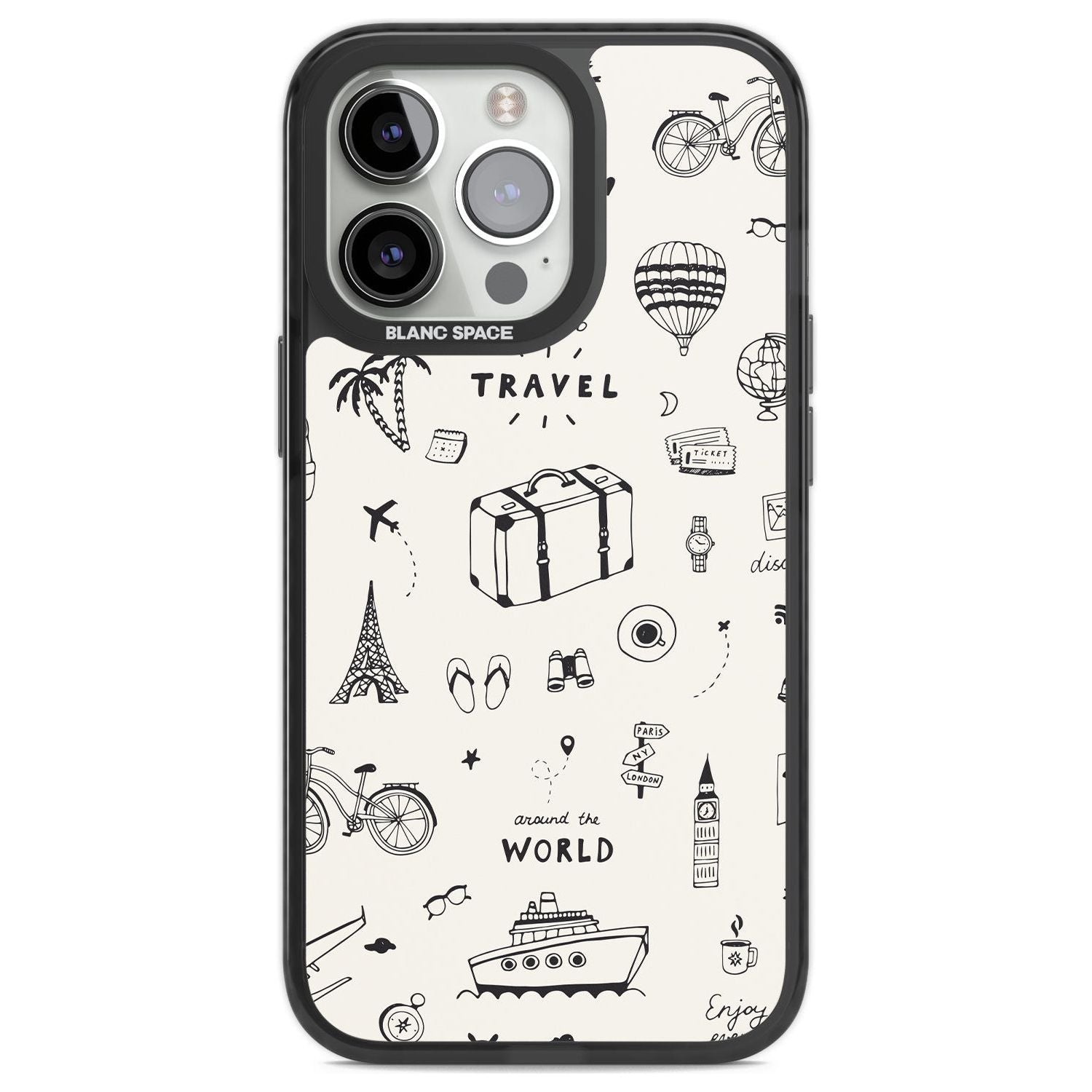Cute Travel Pattern, White on Phone Case iPhone 13 Pro / Black Impact Case,iPhone 14 Pro / Black Impact Case,iPhone 15 Pro / Black Impact Case,iPhone 15 Pro Max / Black Impact Case Blanc Space