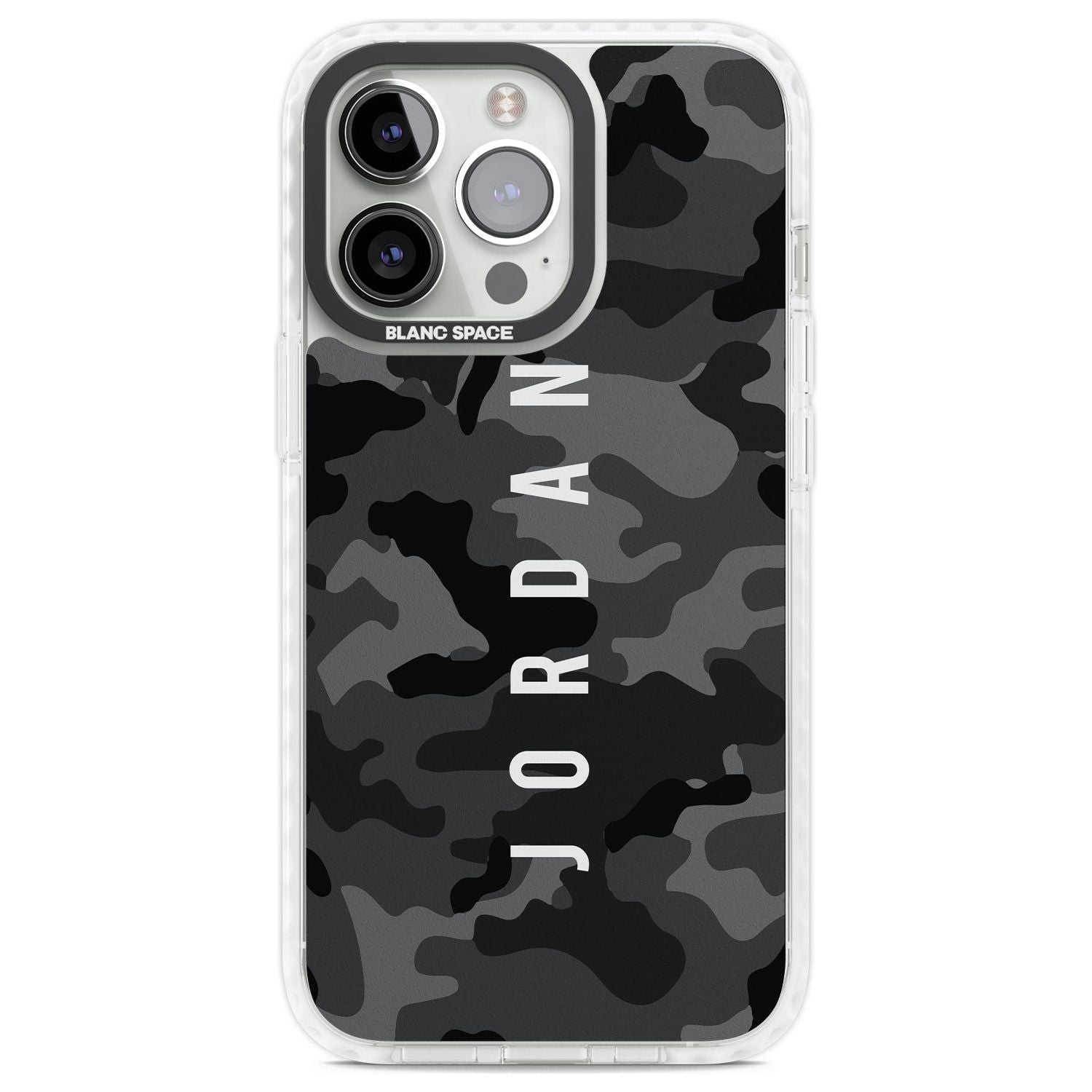 Personalised Small Vertical Name Black Camouflage Custom Phone Case iPhone 13 Pro / Impact Case,iPhone 14 Pro / Impact Case,iPhone 15 Pro Max / Impact Case,iPhone 15 Pro / Impact Case Blanc Space