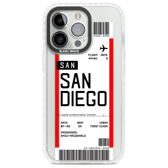 Personalised San Diego Boarding Pass Custom Phone Case iPhone 13 Pro / Impact Case,iPhone 14 Pro / Impact Case,iPhone 15 Pro Max / Impact Case,iPhone 15 Pro / Impact Case Blanc Space
