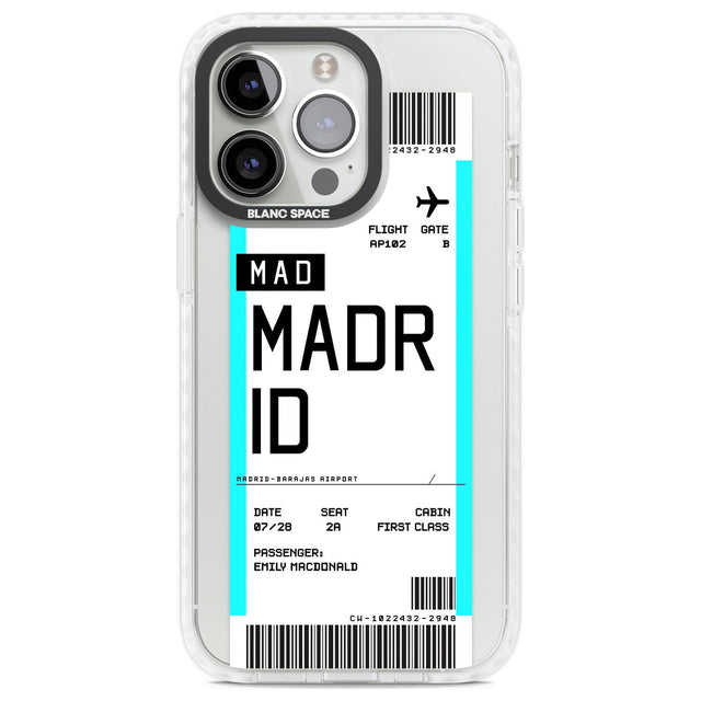 Personalised Madrid Boarding Pass Custom Phone Case iPhone 13 Pro / Impact Case,iPhone 14 Pro / Impact Case,iPhone 15 Pro Max / Impact Case,iPhone 15 Pro / Impact Case Blanc Space
