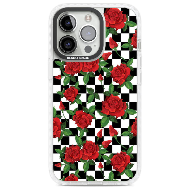Checkered Pattern & Red Roses Phone Case iPhone 13 Pro / Impact Case,iPhone 14 Pro / Impact Case,iPhone 15 Pro Max / Impact Case,iPhone 15 Pro / Impact Case Blanc Space