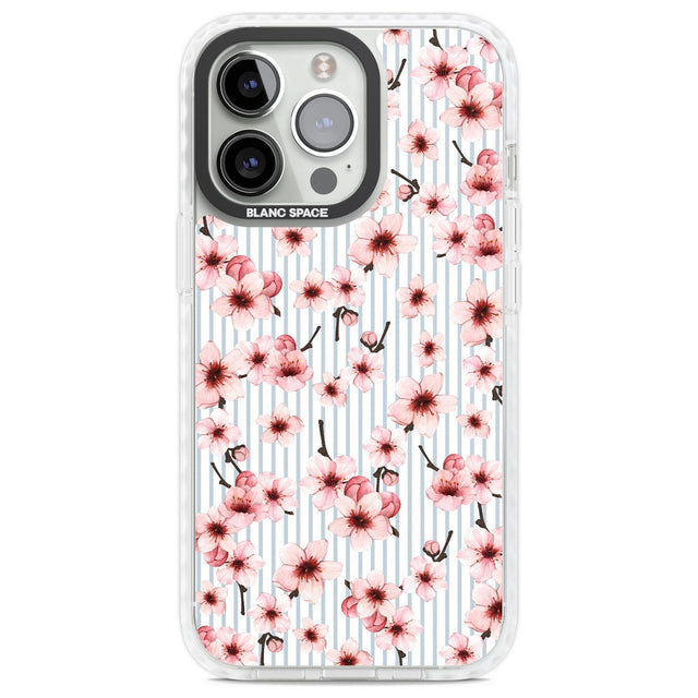 Cherry Blossoms on Blue Stripes Pattern Phone Case iPhone 13 Pro / Impact Case,iPhone 14 Pro / Impact Case,iPhone 15 Pro Max / Impact Case,iPhone 15 Pro / Impact Case Blanc Space
