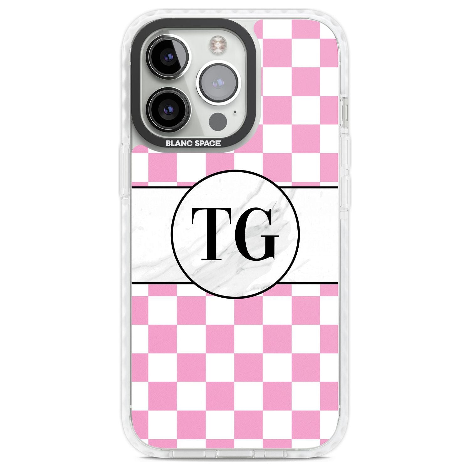 Personalised Monogrammed Pink Check Phone Case iPhone 13 Pro / Impact Case,iPhone 14 Pro / Impact Case,iPhone 15 Pro / Impact Case,iPhone 15 Pro Max / Impact Case Blanc Space