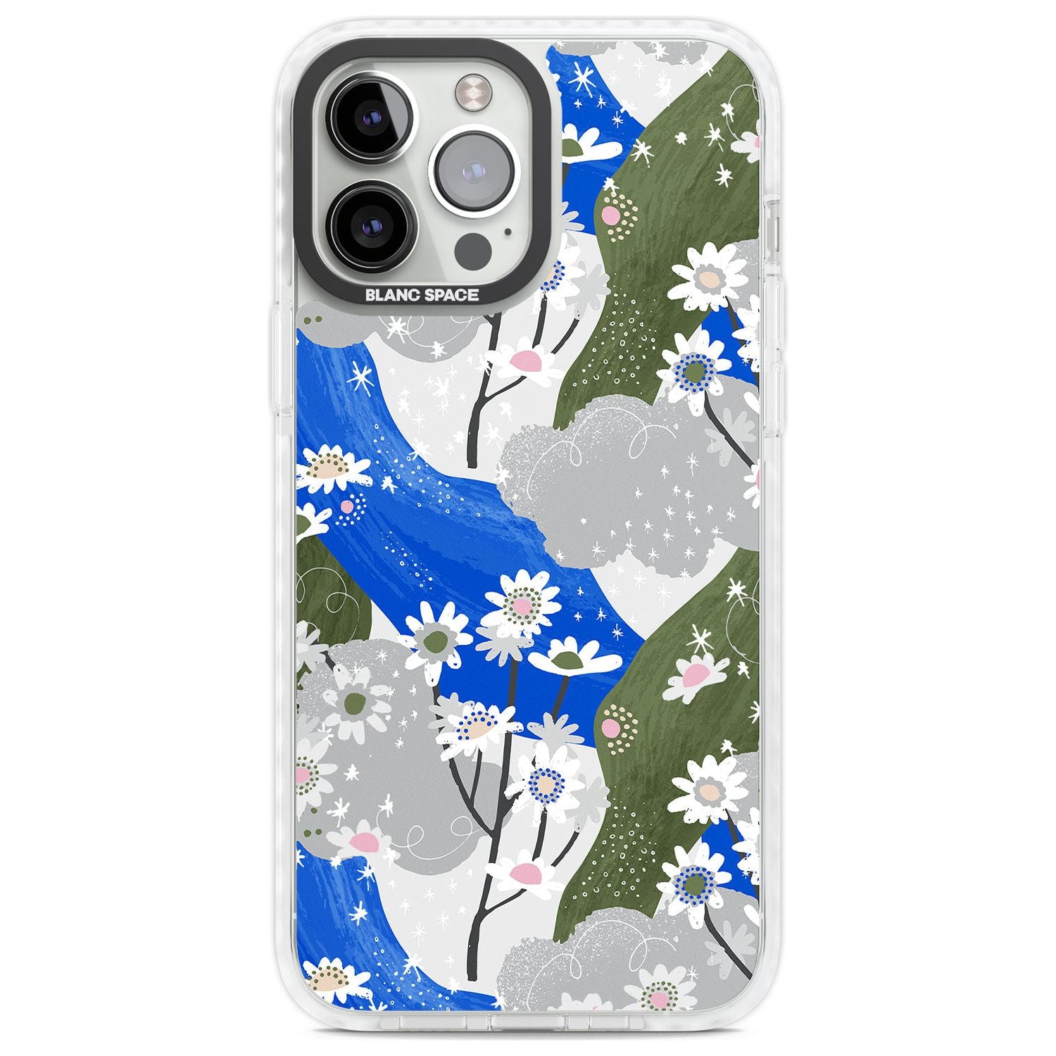 Blue & Grey Daisies Pattern Phone Case iPhone 13 Pro Max / Impact Case,iPhone 14 Pro Max / Impact Case Blanc Space