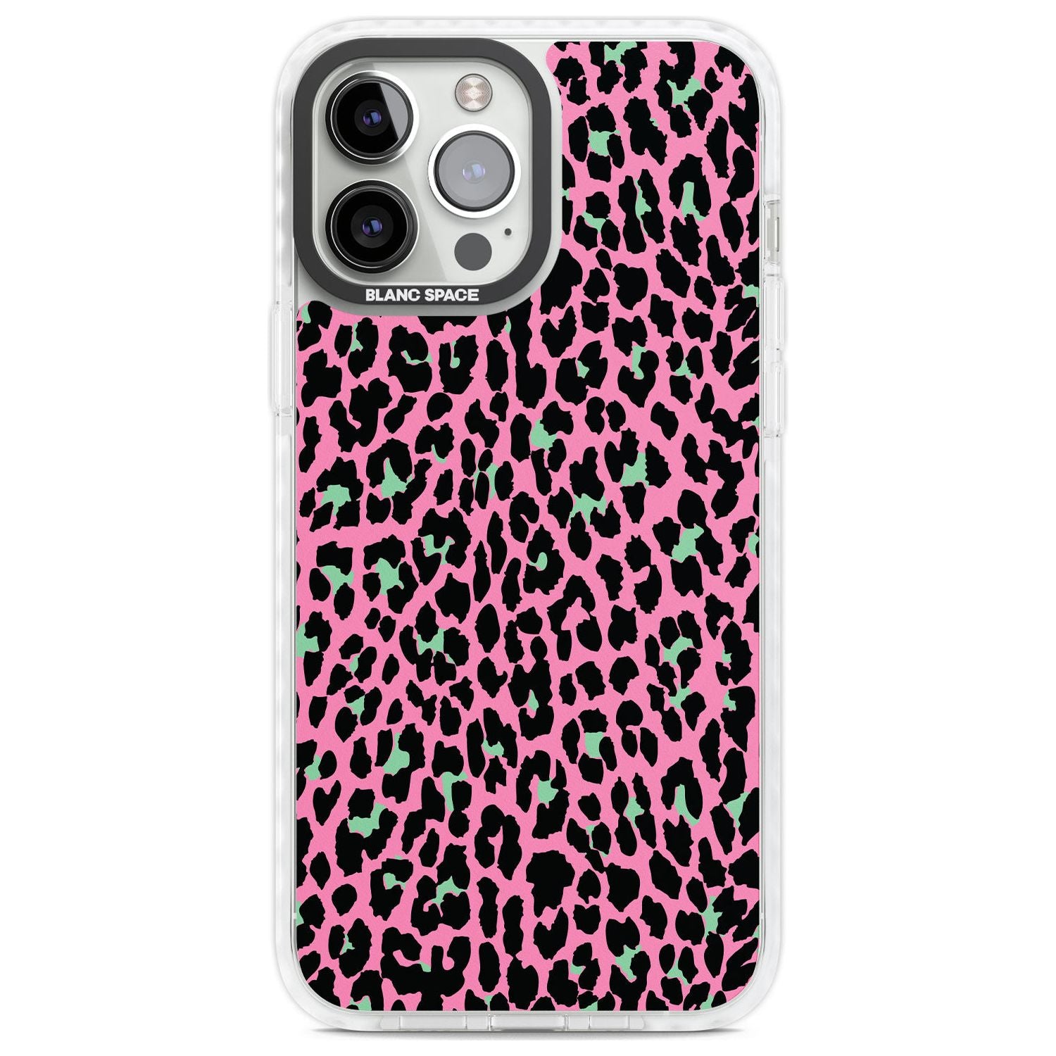 Green on Pink Leopard Print Pattern Phone Case iPhone 13 Pro Max / Impact Case,iPhone 14 Pro Max / Impact Case Blanc Space