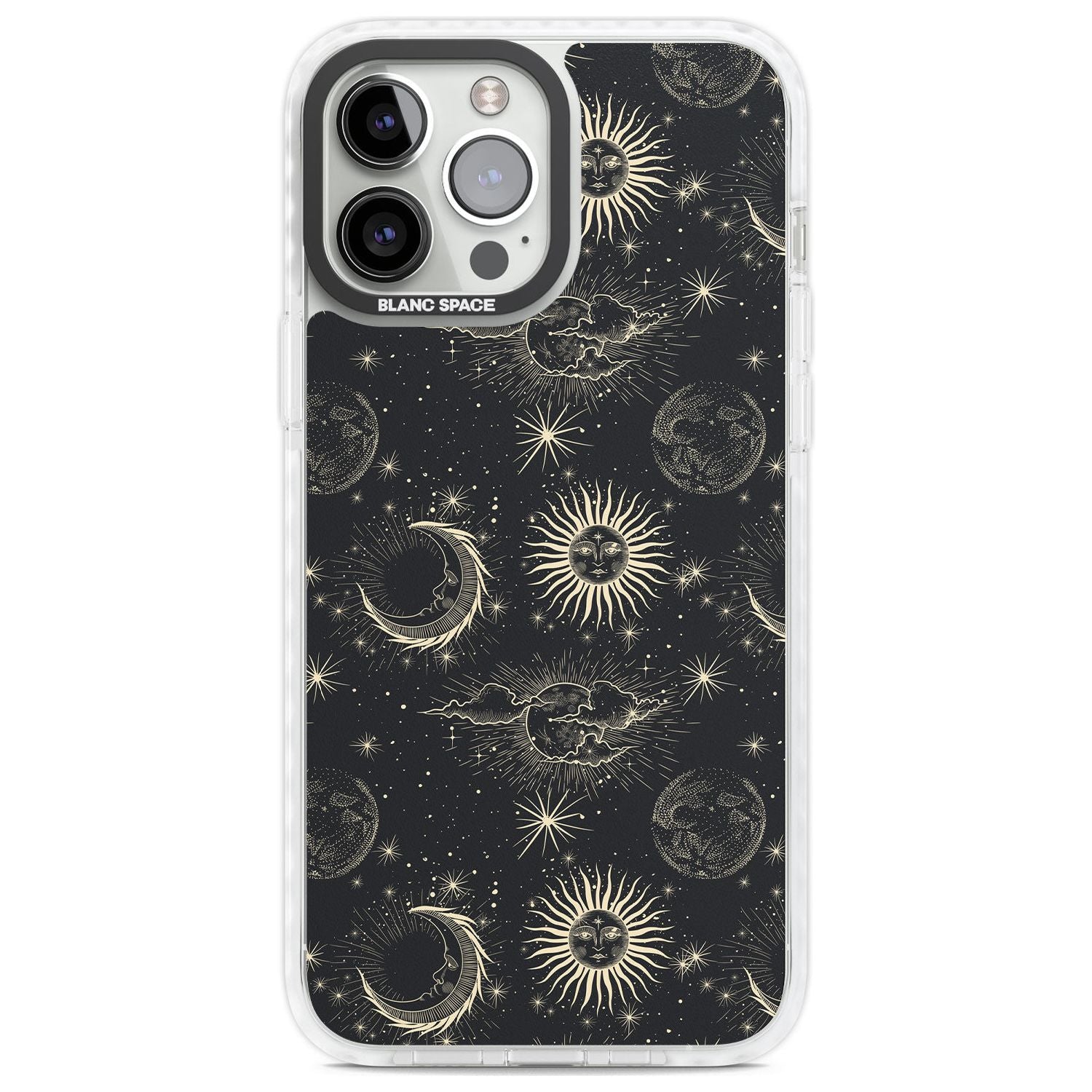 Large Suns, Moons & Clouds Astrological Phone Case iPhone 13 Pro Max / Impact Case,iPhone 14 Pro Max / Impact Case Blanc Space