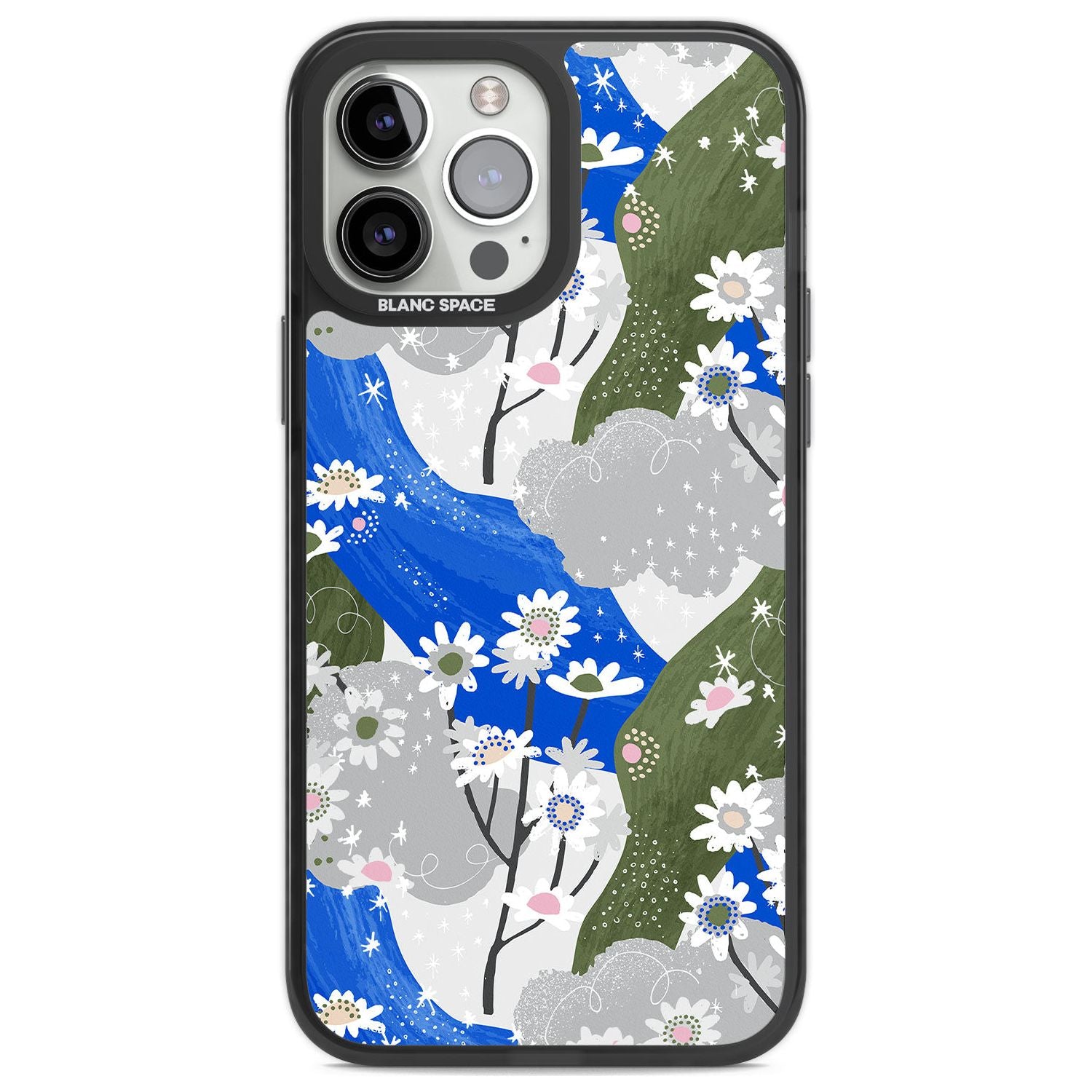 Blue & Grey Daisies Pattern Phone Case iPhone 13 Pro Max / Black Impact Case,iPhone 14 Pro Max / Black Impact Case Blanc Space