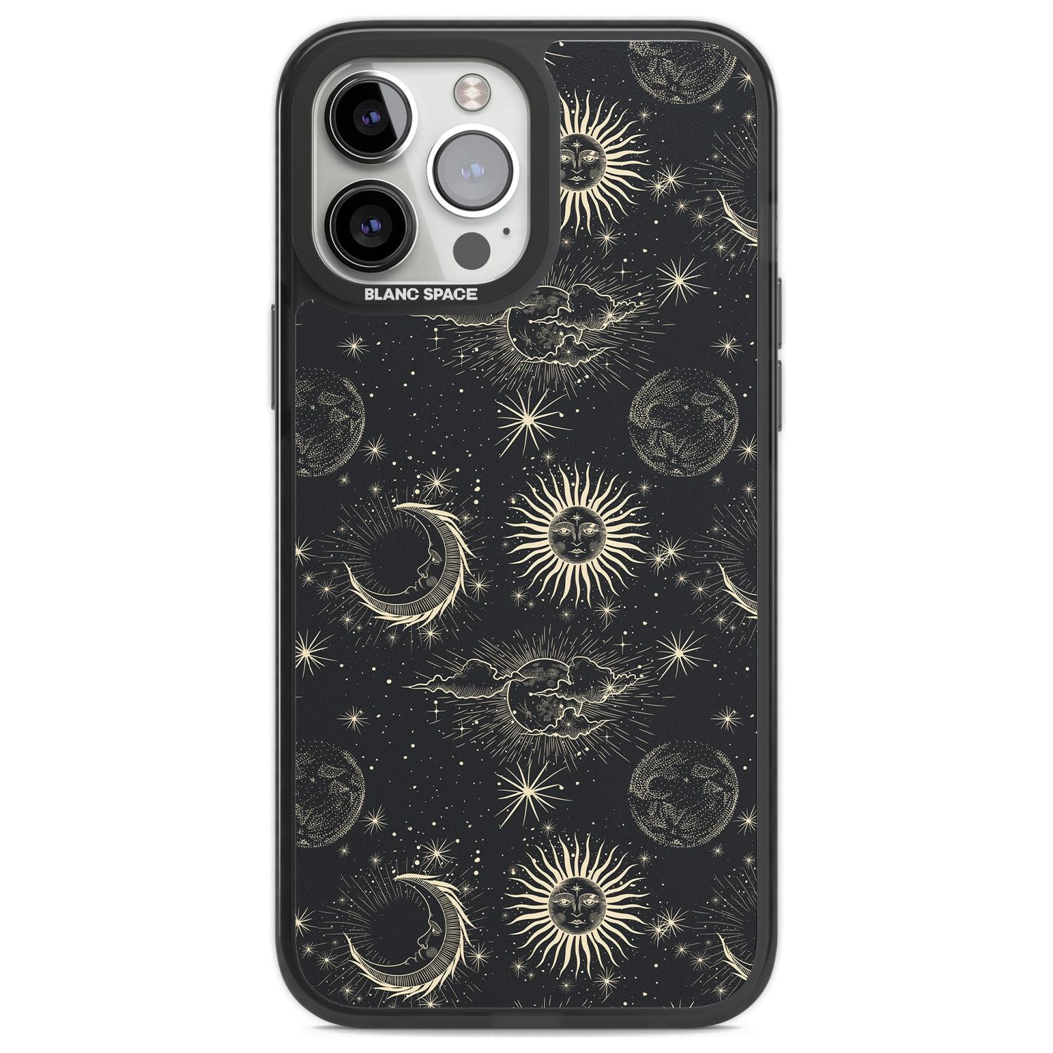 Large Suns, Moons & Clouds Astrological Phone Case iPhone 13 Pro Max / Black Impact Case,iPhone 14 Pro Max / Black Impact Case Blanc Space