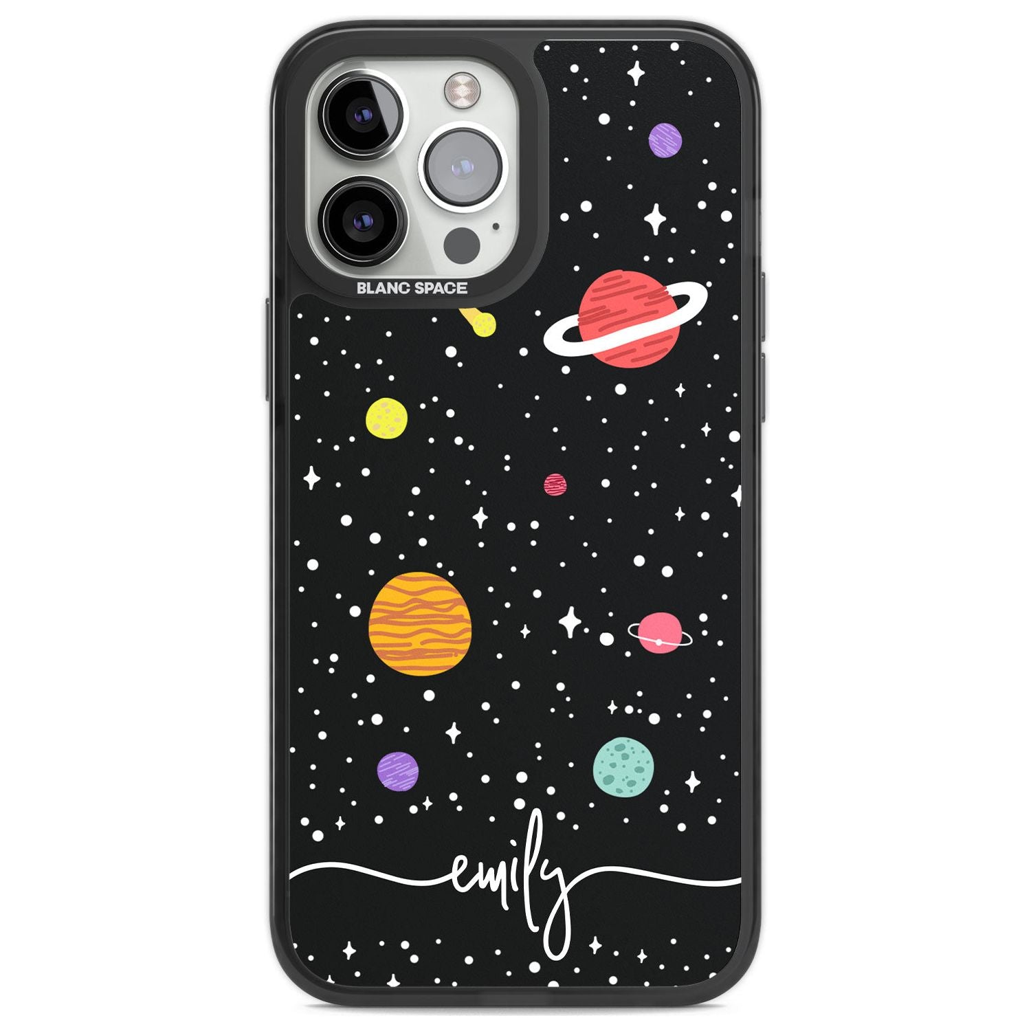 Personalised Cute Cartoon Planets Phone Case iPhone 13 Pro Max / Black Impact Case,iPhone 14 Pro Max / Black Impact Case Blanc Space