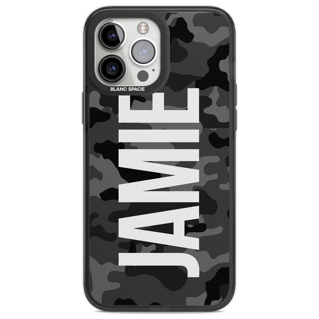 Personalised Vertical Name Black Camouflage Custom Phone Case iPhone 13 Pro Max / Black Impact Case,iPhone 14 Pro Max / Black Impact Case Blanc Space