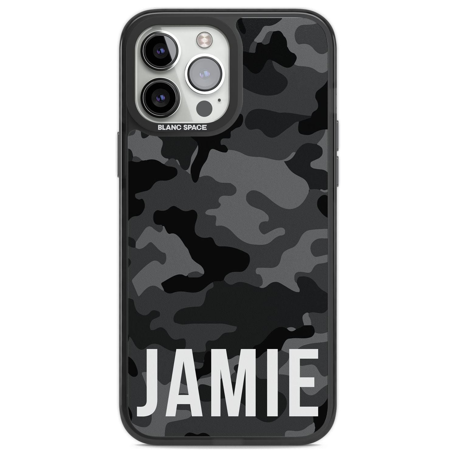 Personalised Horizontal Name Black Camouflage Custom Phone Case iPhone 13 Pro Max / Black Impact Case,iPhone 14 Pro Max / Black Impact Case Blanc Space