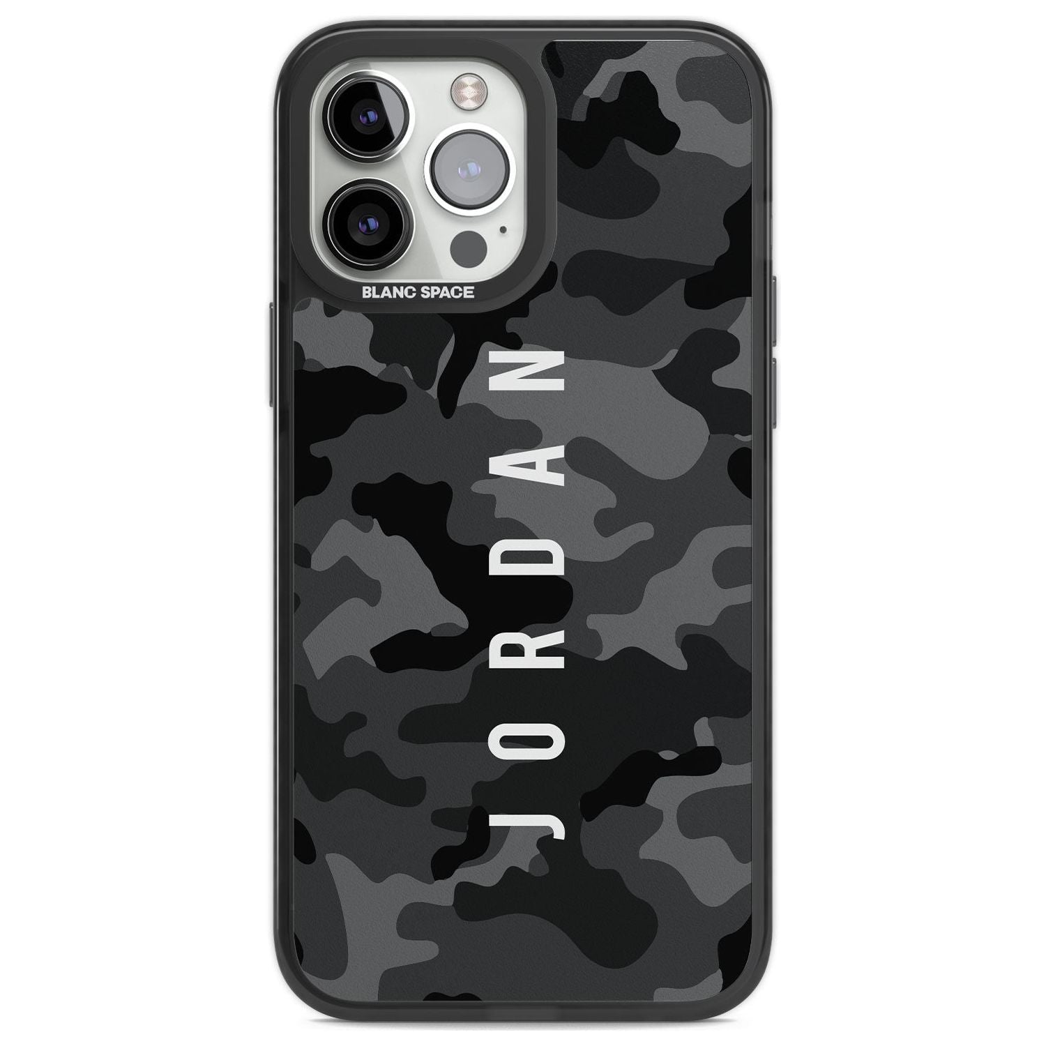 Personalised Small Vertical Name Black Camouflage Custom Phone Case iPhone 13 Pro Max / Black Impact Case,iPhone 14 Pro Max / Black Impact Case Blanc Space