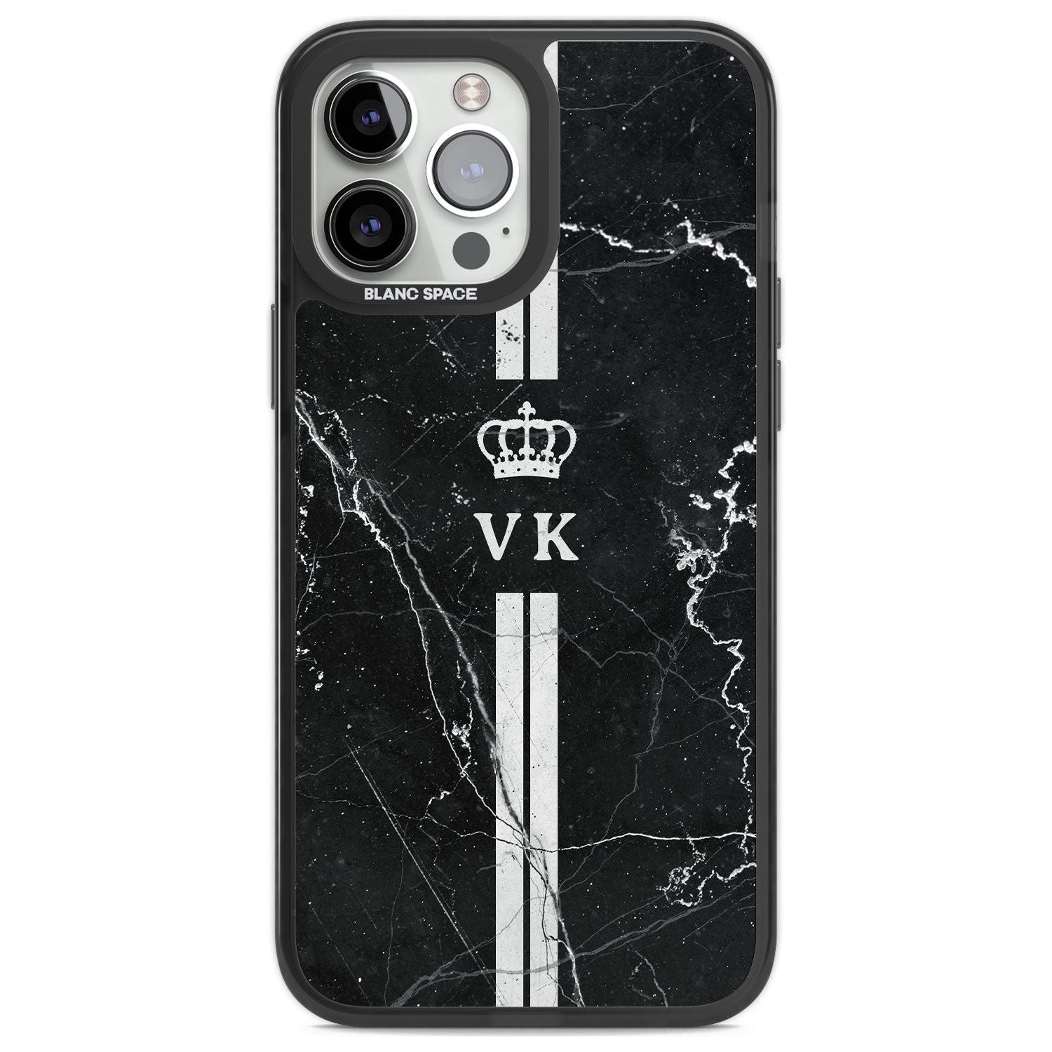 Personalised Stripes + Initials with Crown on Black Marble Custom Phone Case iPhone 13 Pro Max / Black Impact Case,iPhone 14 Pro Max / Black Impact Case Blanc Space