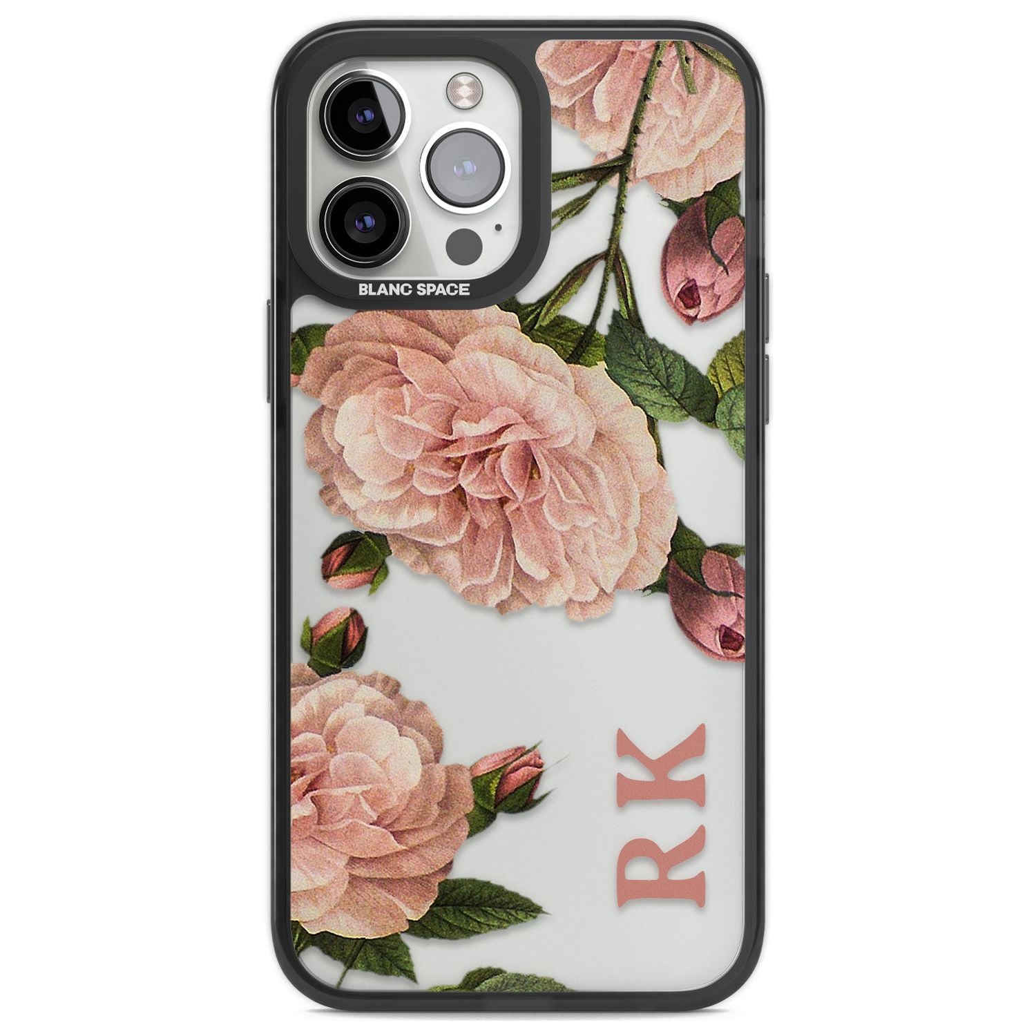 Personalised Clear Vintage Floral Pale Pink Peonies Custom Phone Case iPhone 13 Pro Max / Black Impact Case,iPhone 14 Pro Max / Black Impact Case Blanc Space