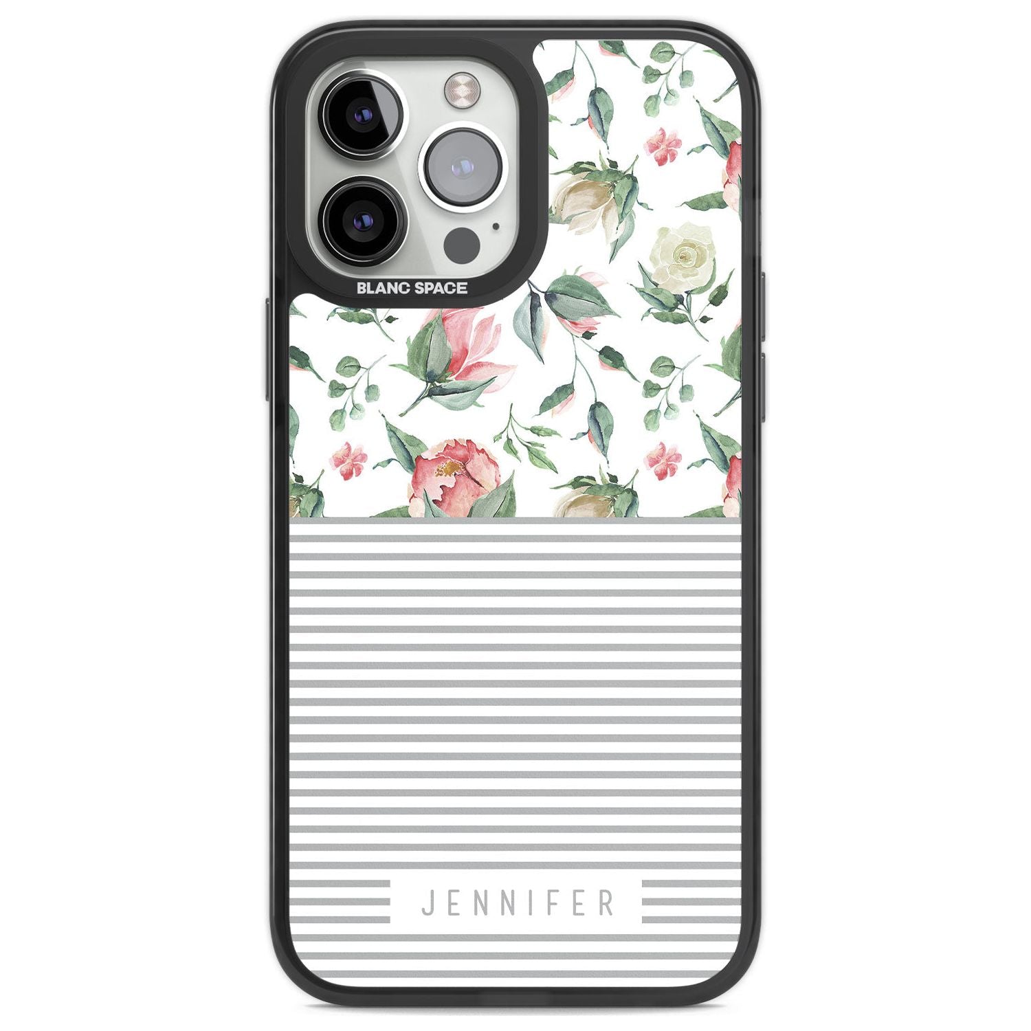 Personalised Light Floral Pattern & Stripes Custom Phone Case iPhone 13 Pro Max / Black Impact Case,iPhone 14 Pro Max / Black Impact Case Blanc Space