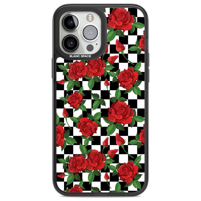 Checkered Pattern & Red Roses Phone Case iPhone 13 Pro Max / Black Impact Case,iPhone 14 Pro Max / Black Impact Case Blanc Space