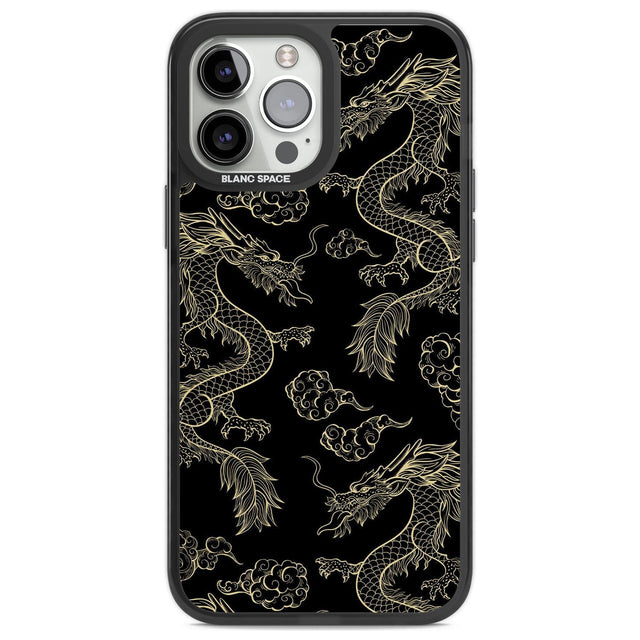 Black and Gold Dragon Pattern Phone Case iPhone 13 Pro Max / Black Impact Case,iPhone 14 Pro Max / Black Impact Case Blanc Space