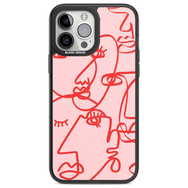 Abstract Continuous Line Faces Red on Pink Phone Case iPhone 13 Pro Max / Black Impact Case,iPhone 14 Pro Max / Black Impact Case Blanc Space