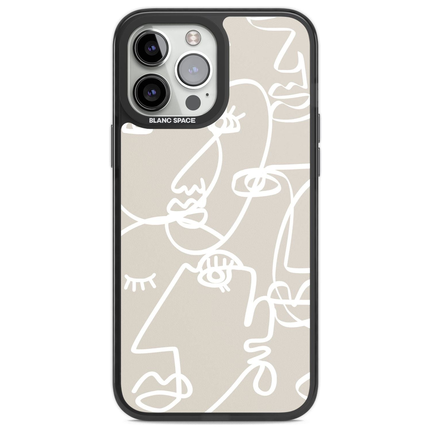 Abstract Continuous Line Faces White on Beige Phone Case iPhone 13 Pro Max / Black Impact Case,iPhone 14 Pro Max / Black Impact Case Blanc Space