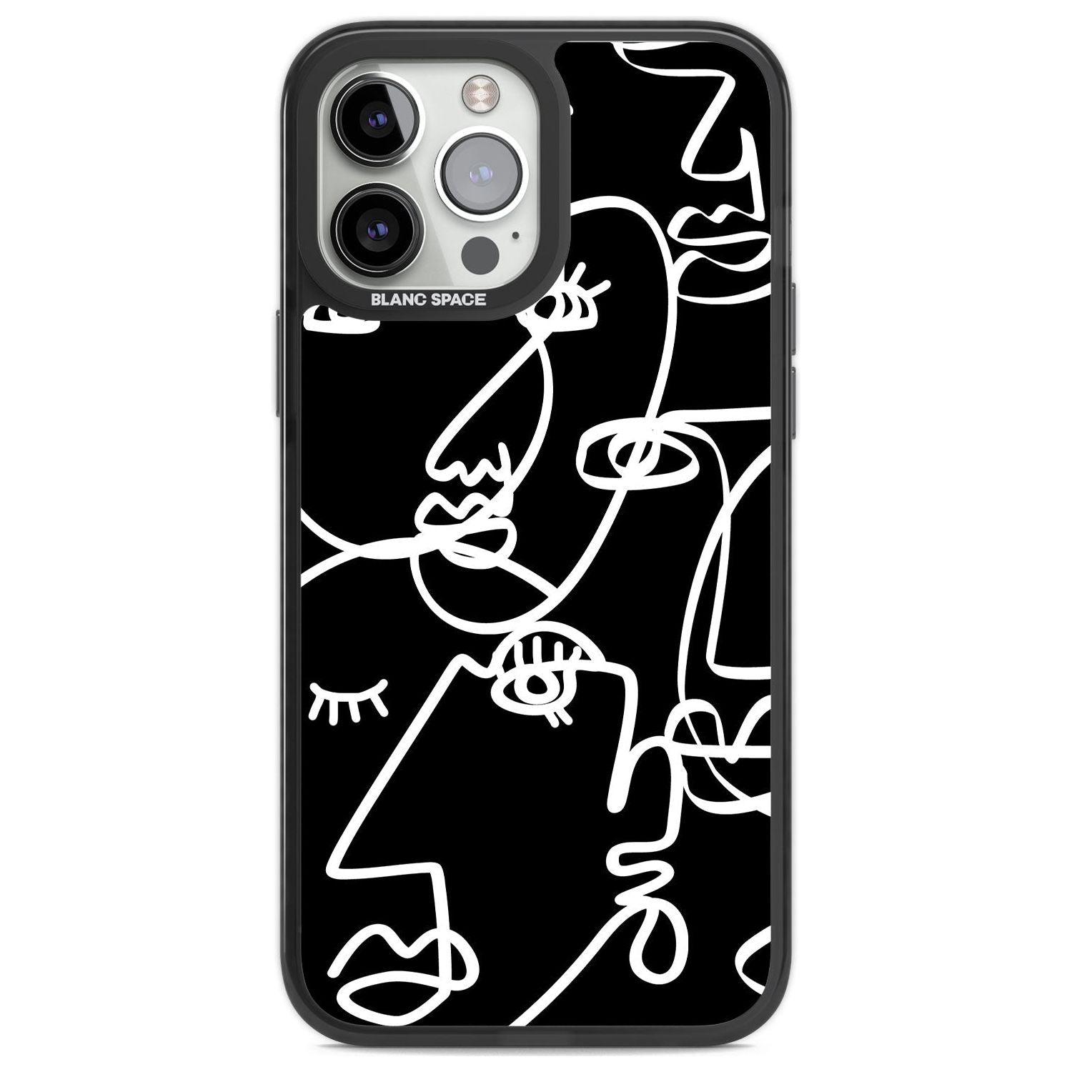 Abstract Continuous Line Faces White on Black Phone Case iPhone 13 Pro Max / Black Impact Case,iPhone 14 Pro Max / Black Impact Case Blanc Space