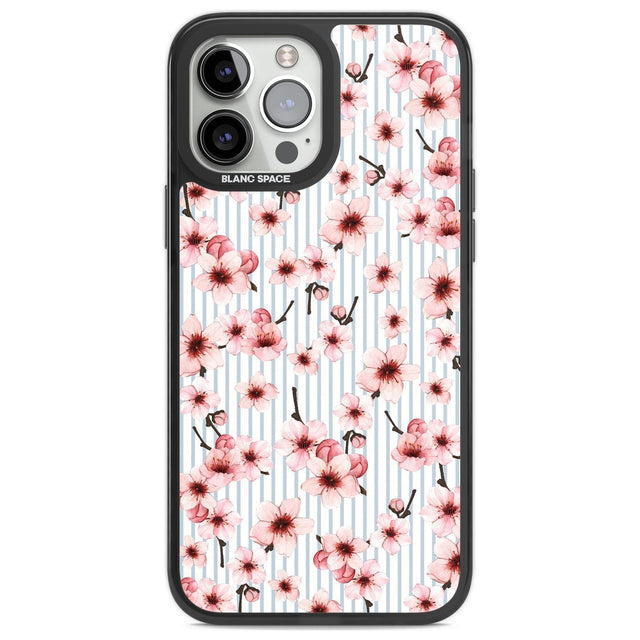 Cherry Blossoms on Blue Stripes Pattern Phone Case iPhone 13 Pro Max / Black Impact Case,iPhone 14 Pro Max / Black Impact Case Blanc Space